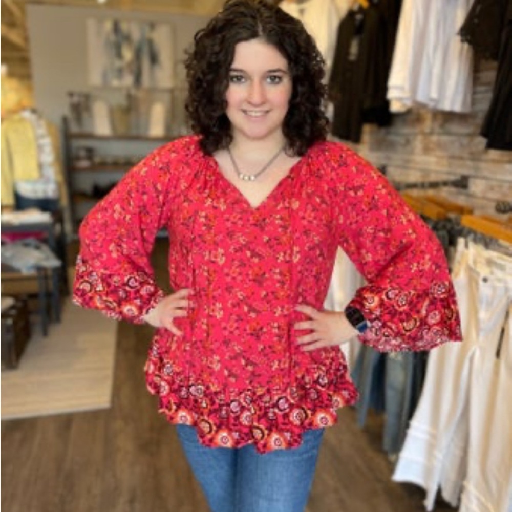 Papillon Floral Bell Sleeve Blouse, small, red, NWT